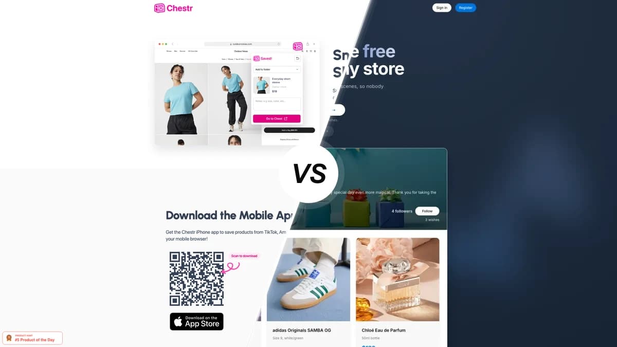 Chestr sammenlignet med WishApp, to ønskeliste-apps side om side