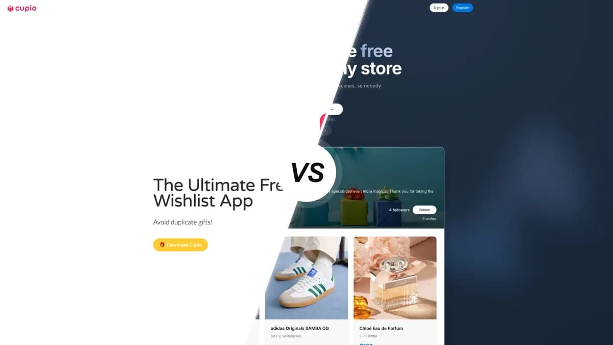 Cupio sammenlignet med WishApp, to ønskeseddel-apps side om side