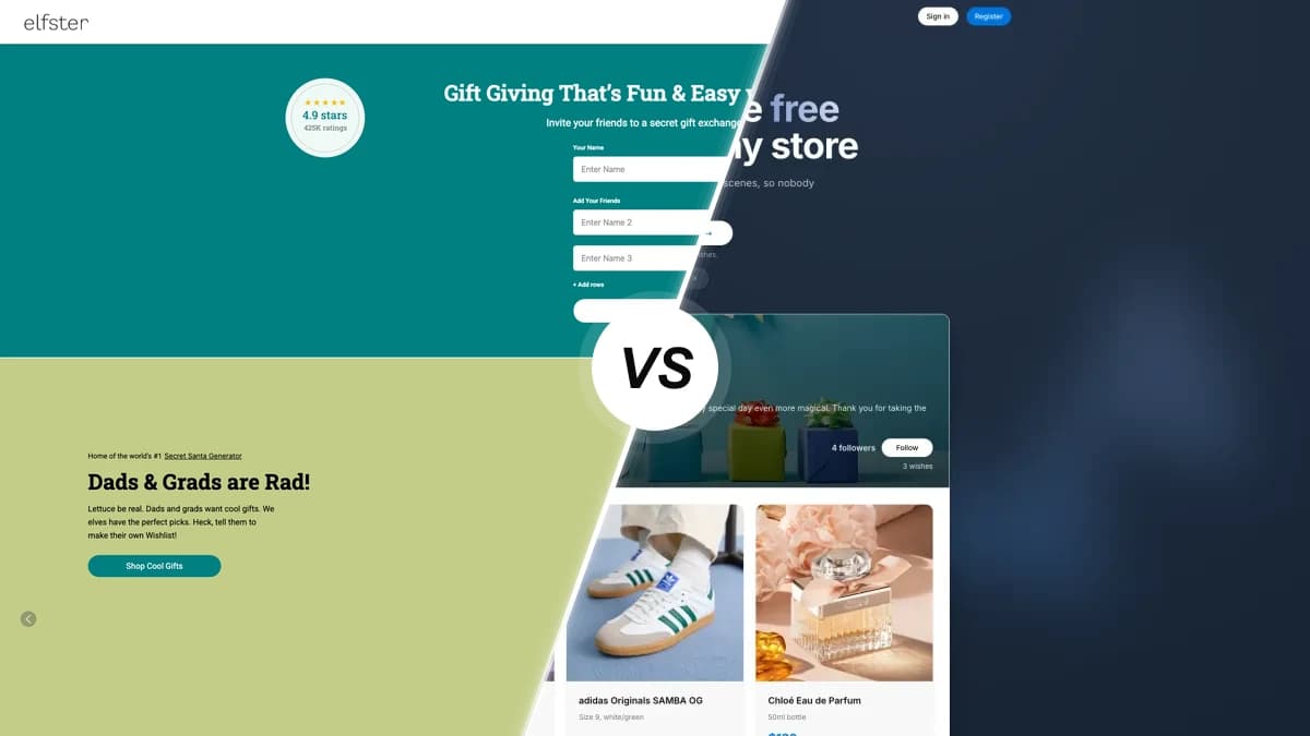 Elfster sammenlignet med WishApp, to gave-apps side om side