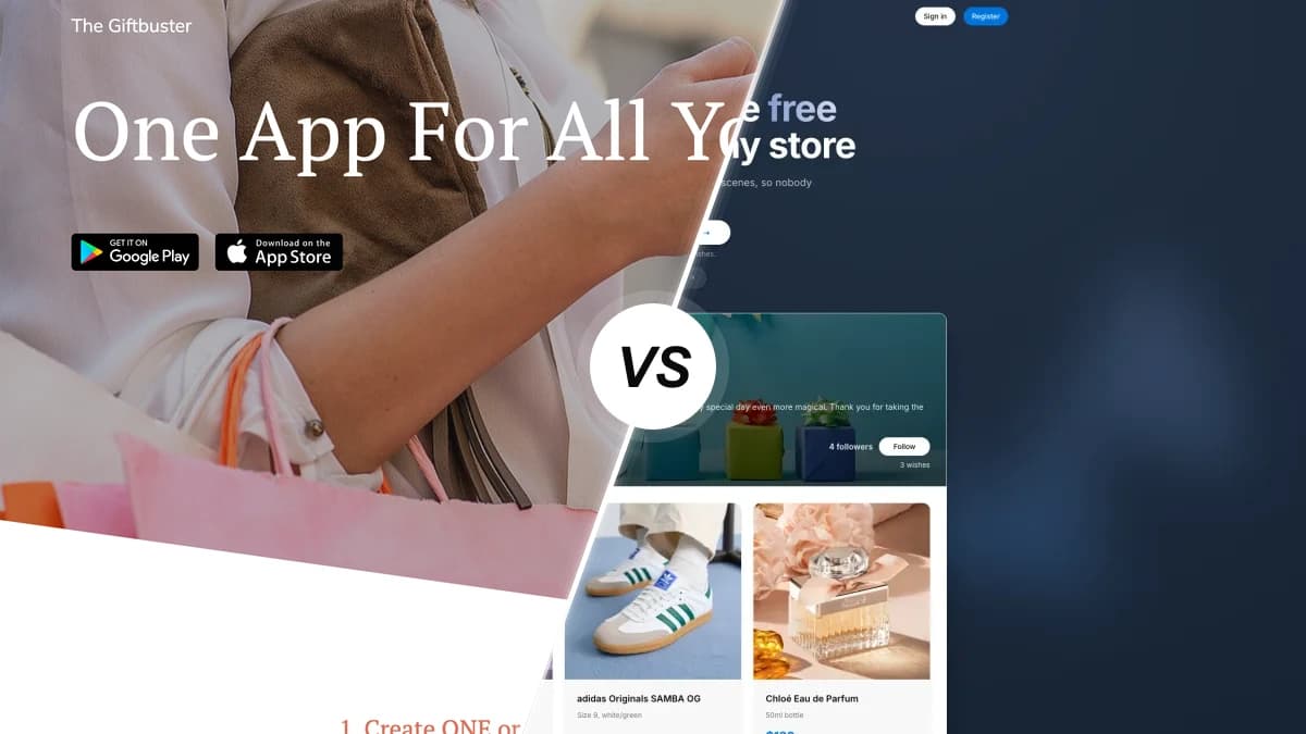 GiftBuster sammenlignet med WishApp, to ønskeseddel-apps side om side
