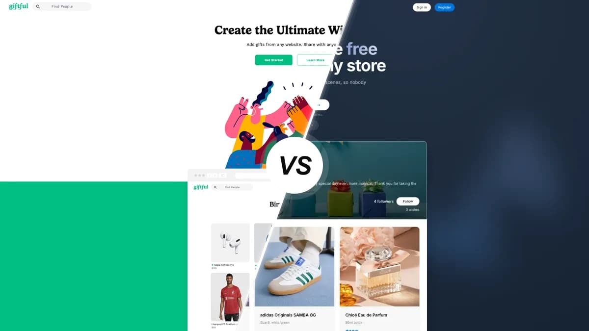 Giftful sammenlignet med WishApp, to ønskeliste-apps side om side