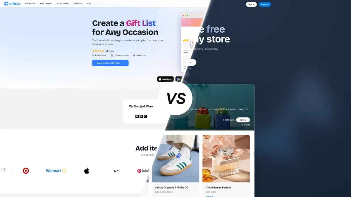 GiftList sammenlignet med WishApp, to ønskeseddel-apps side om side