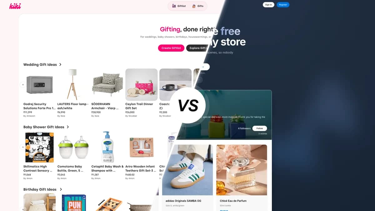 Kiki sammenlignet med WishApp, to ønskeliste- og gaveportal-apps side om side