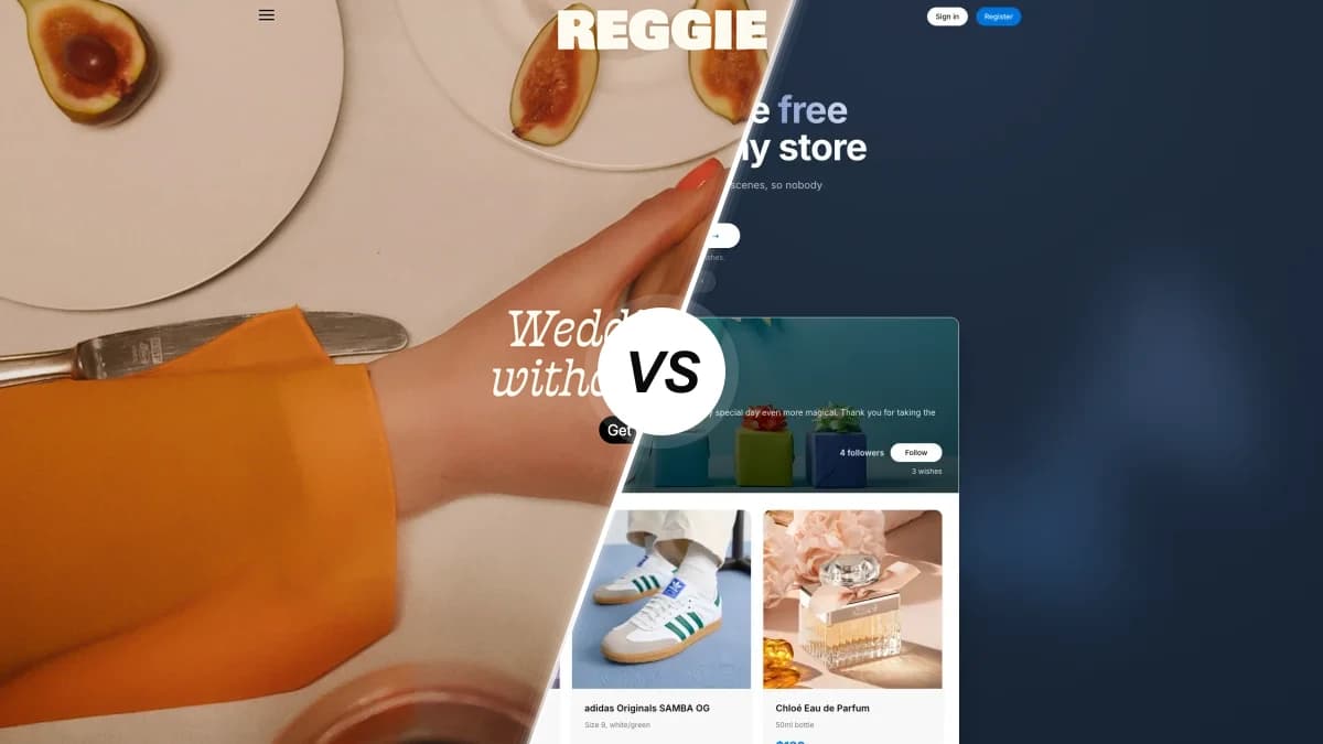 Reggie sammenlignet med WishApp, en bryllupsønskeliste og en ønskeseddel-app side om side