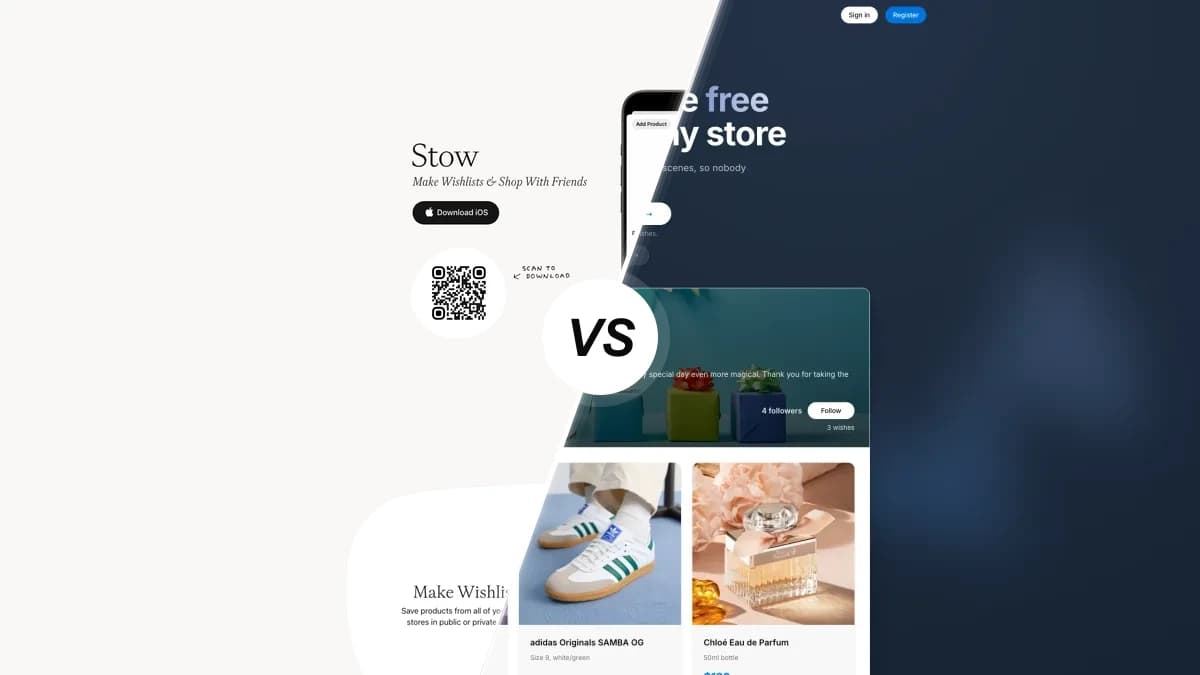 Stow sammenlignet med WishApp, to ønskeseddel-apps side om side