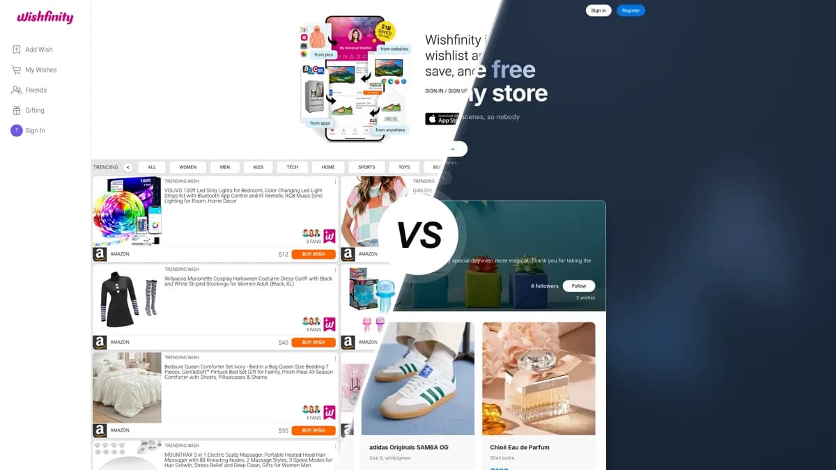 Wishfinity sammenlignet med WishApp, to universelle ønskeseddel-apps side om side