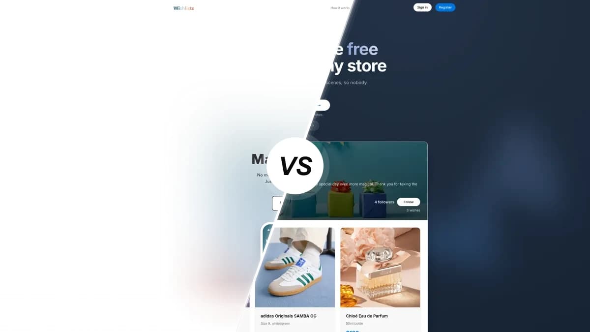 Wishlists sammenlignet med WishApp, to ønskeliste-apps side om side
