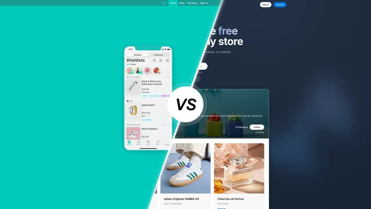 WishUpon sammenlignet med WishApp, to ønskeseddel-apps side om side