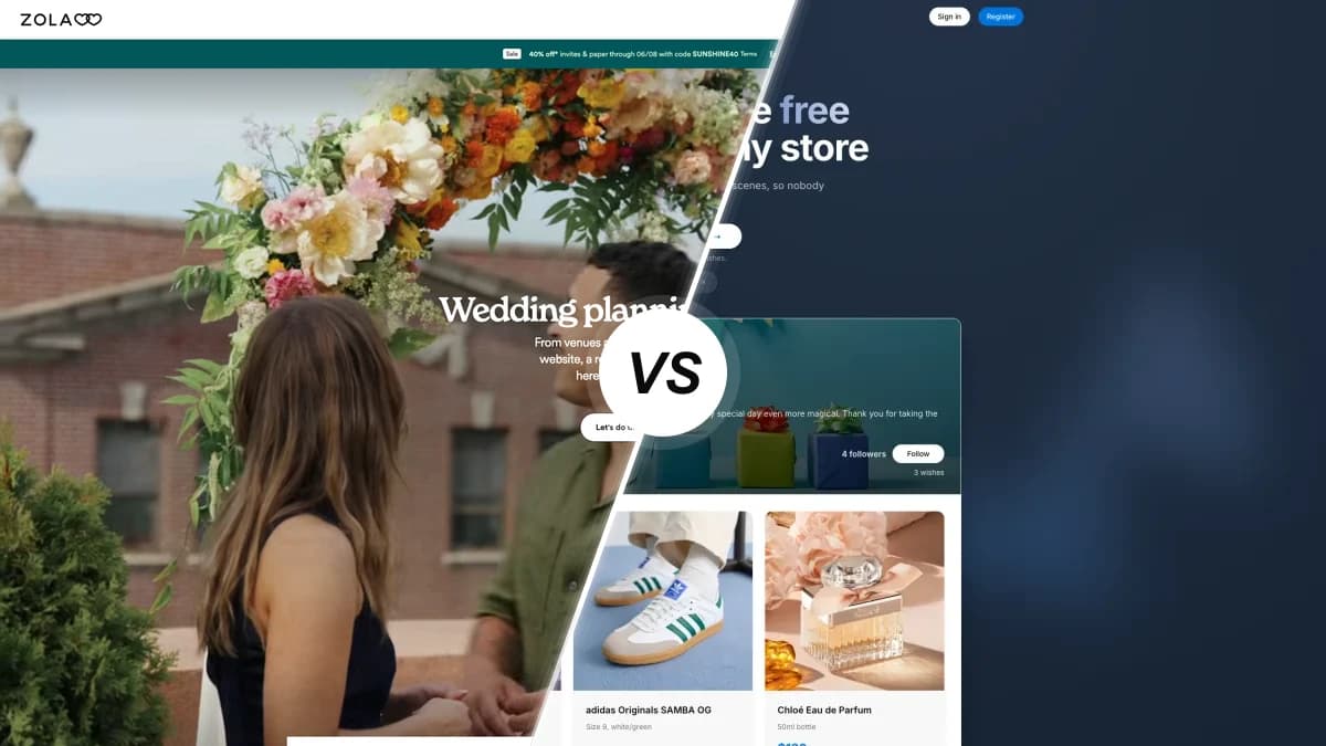 Zola sammenlignet med WishApp, to apps til ønskesedler og bryllupslister side om side