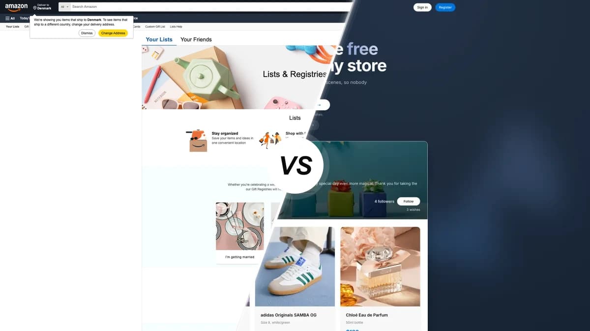 Amazon Ønskeliste sammenlignet med WishApp, to ønskelisteværktøjer side om side