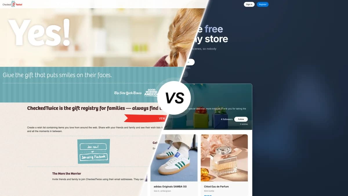 CheckedTwice sammenlignet med WishApp, to gaveønske-apps side om side