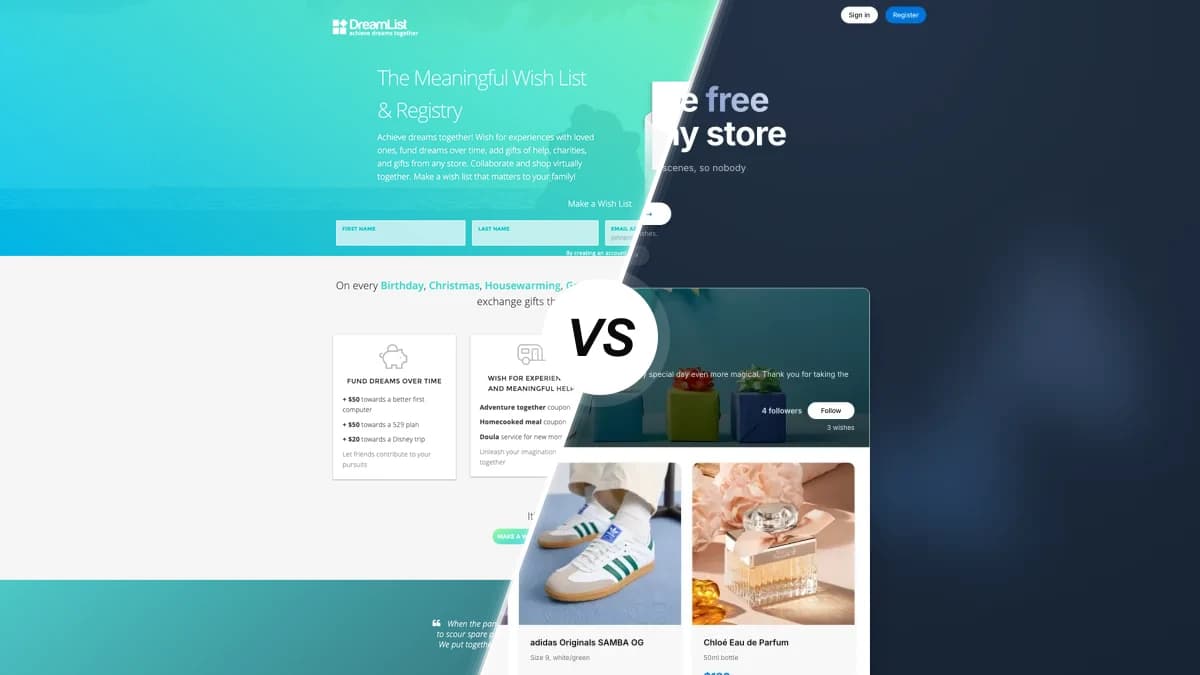 DreamList sammenlignet med WishApp, to ønskeseddel-apps side om side
