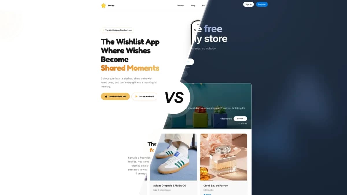 Farha sammenlignet med WishApp, to ønskeliste-apps side om side