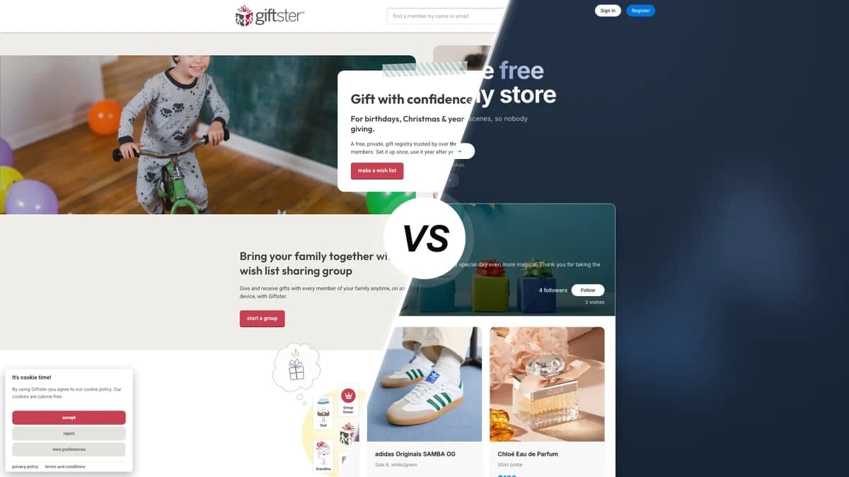 Giftster sammenlignet med WishApp, to ønskeliste-apps til familien side om side