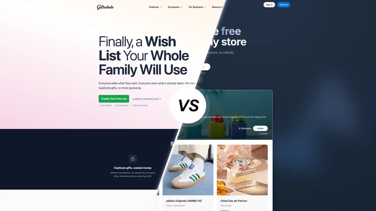 GiftWhale sammenlignet med WishApp, to ønskeseddel-apps side om side