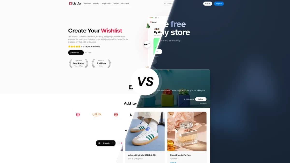 Listful sammenlignet med WishApp, to ønskeseddel-apps side om side