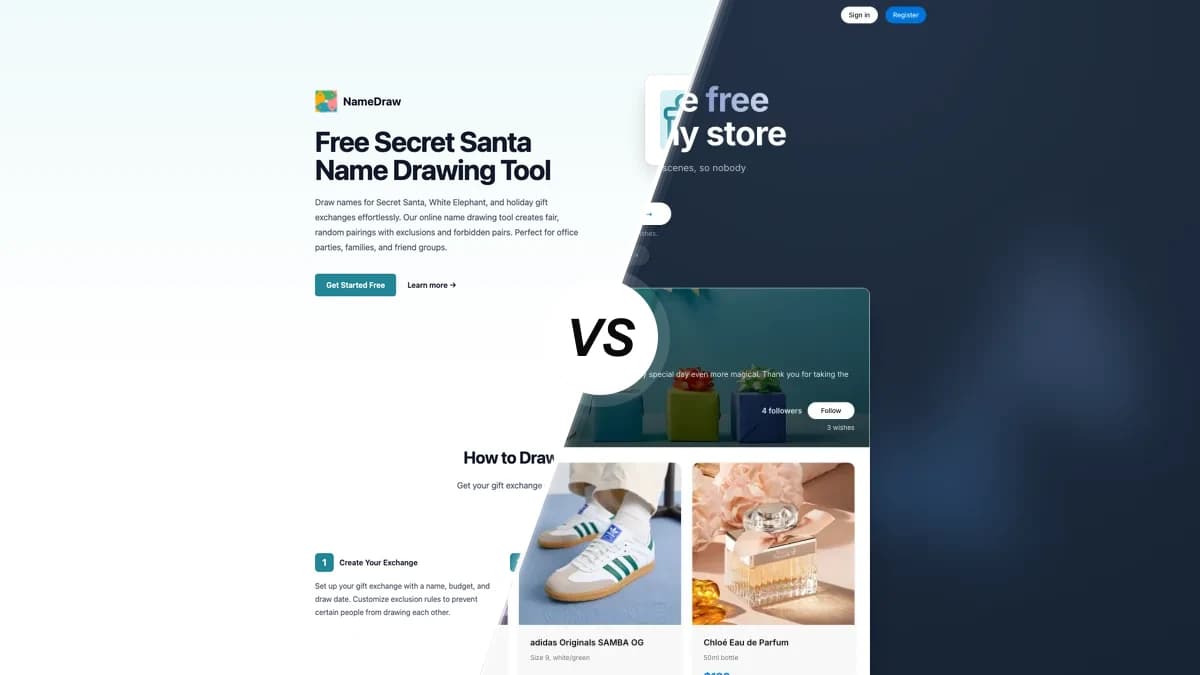 NameDraw sammenlignet med WishApp, et Secret Santa-værktøj og en ønskeseddel-app side om side