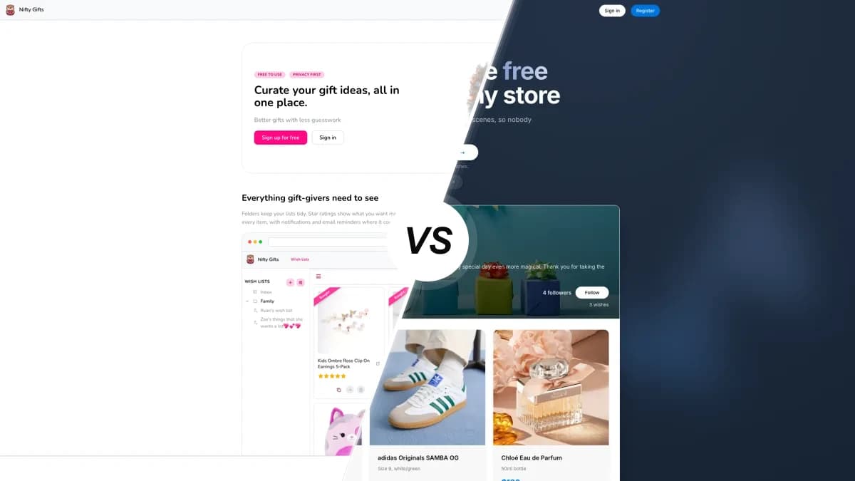 Nifty Gifts sammenlignet med WishApp, to ønskeseddel-apps side om side