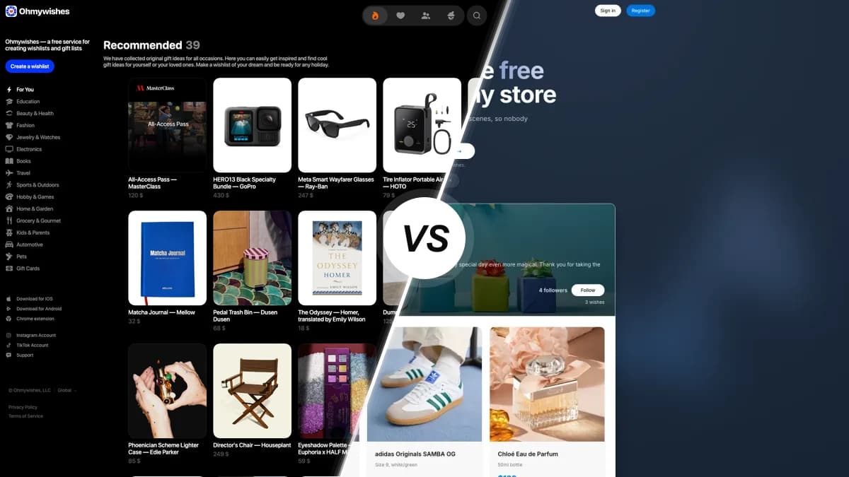 Oh My Wishes sammenlignet med WishApp, to ønskeseddel-apps side om side