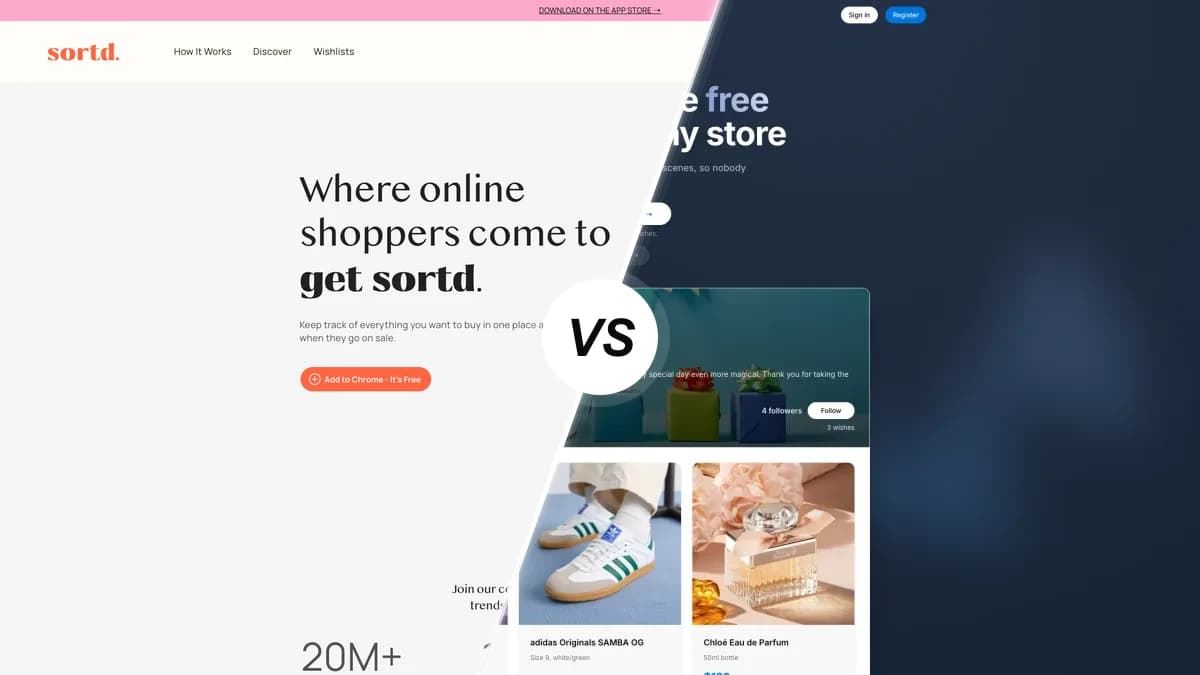 Sortd sammenlignet med WishApp, to ønskeliste-apps side om side
