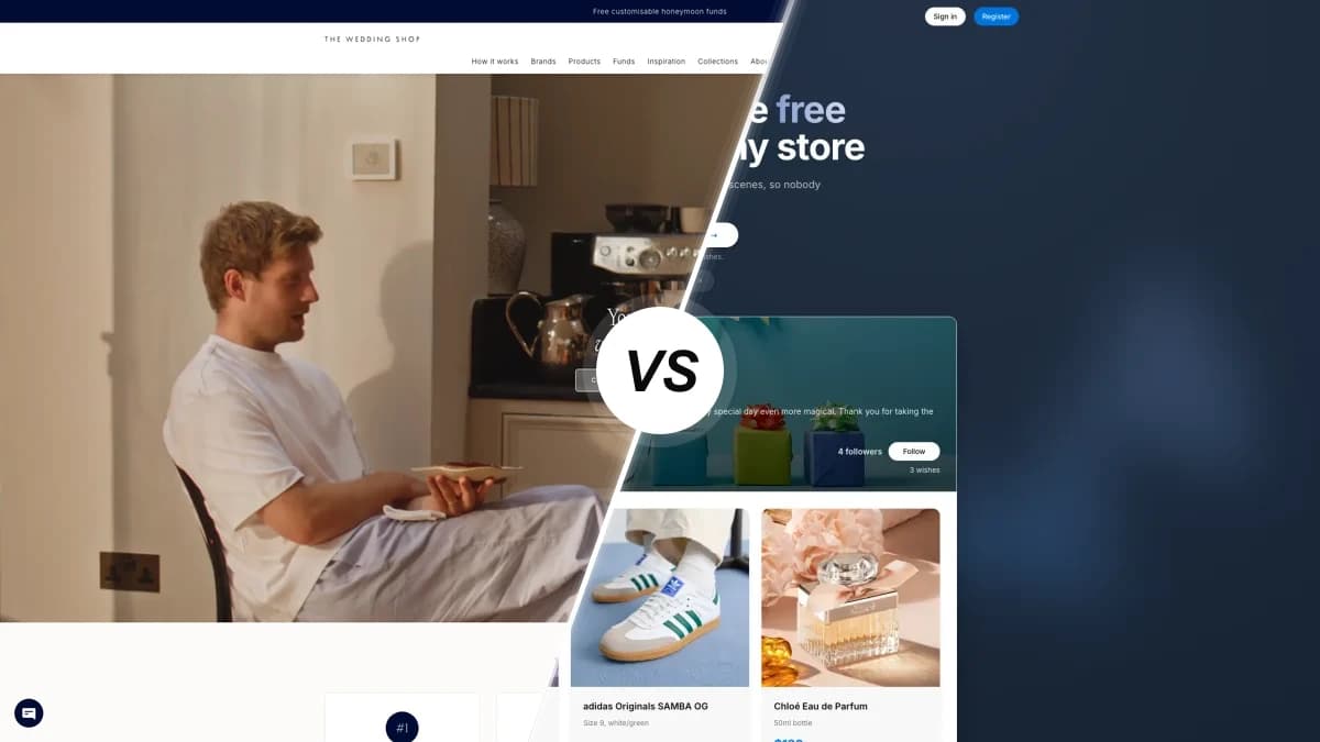 The Wedding Shop sammenlignet med WishApp, to gavelistetjenester side om side