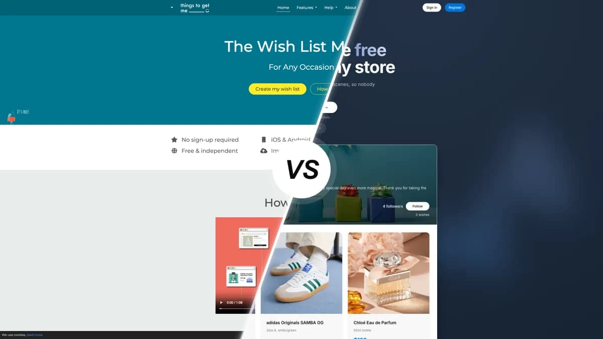 Things To Get Me sammenlignet med WishApp, to universelle ønskeseddel-apps side om side