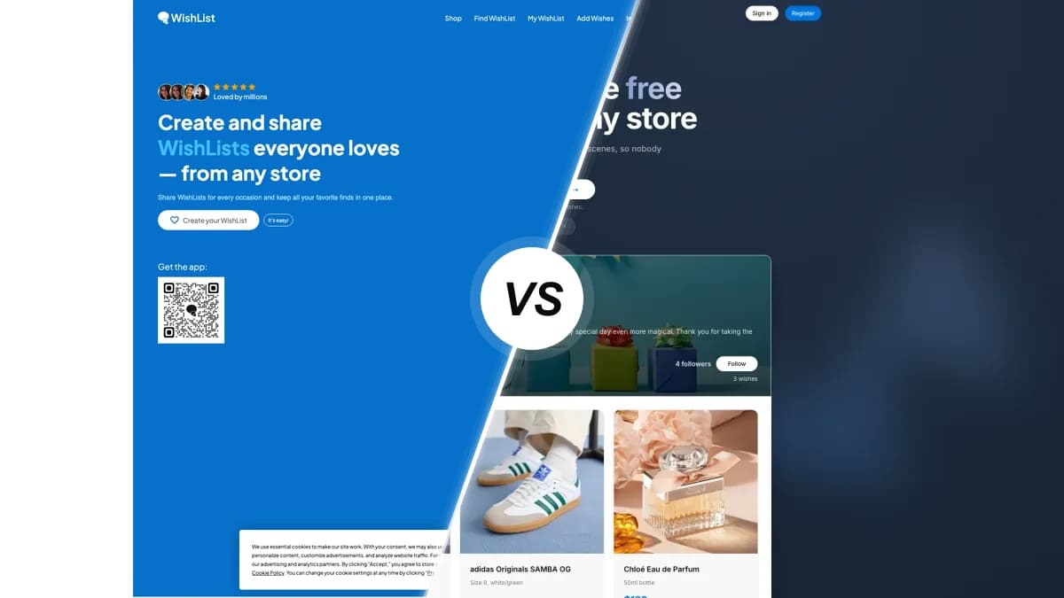 Wishlist.com sammenlignet med WishApp, to ønskeliste-apps side om side