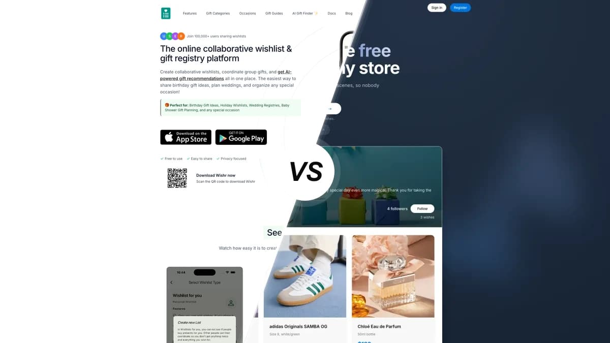 Wishr sammenlignet med WishApp, to ønskeliste-apps side om side